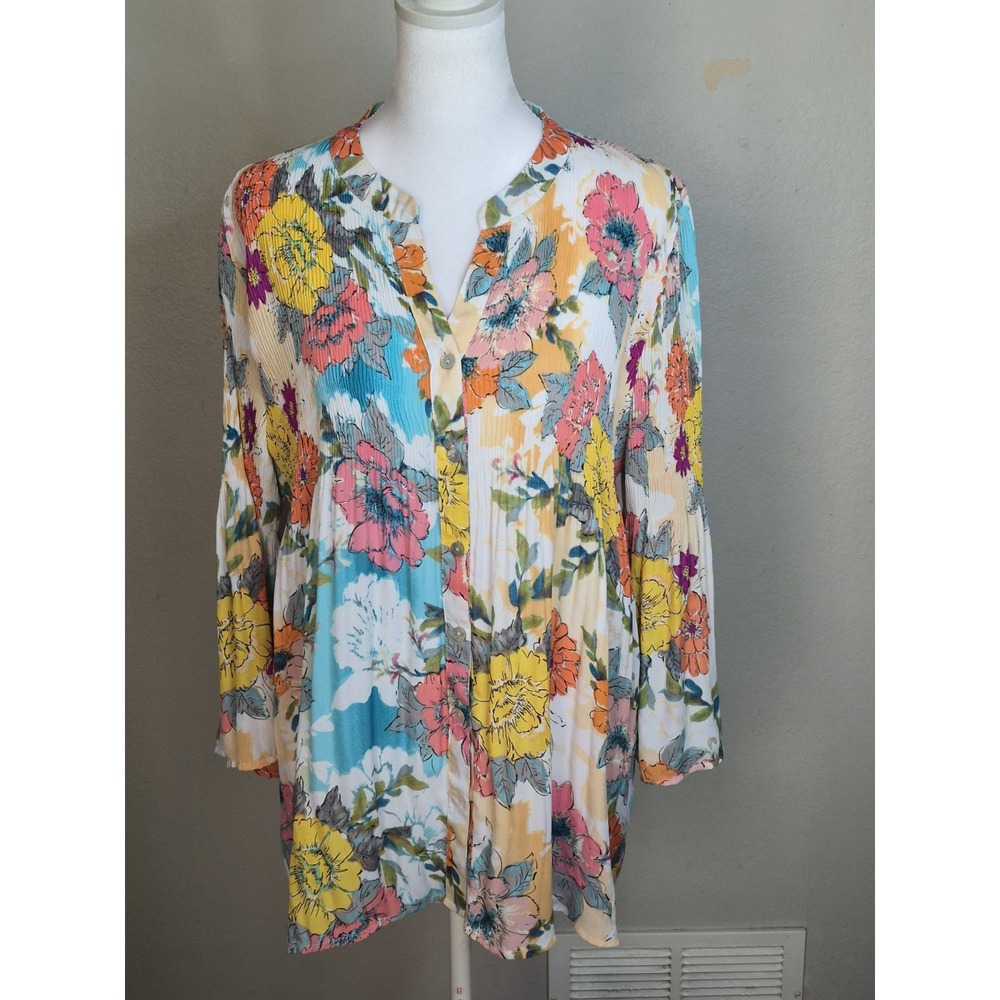 Investments Womens L Semi Sheer Floral Blouse Crinkle Button Front Boho Feminine